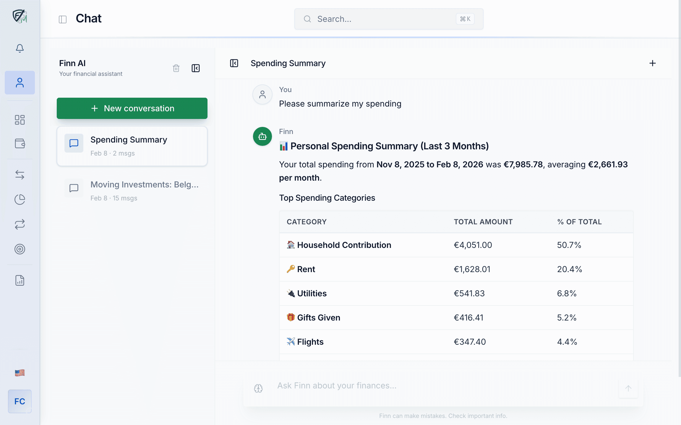 Chat with Finn · Ask about balances, households, and recurring payments. (1)